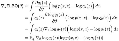 \begin{align} \nabla_\theta \mathsf{ELBO(\theta)} &= \int \frac{\partial q_\theta(z)}{\partial \theta} \Big( \log p(x,z) - \log q_\theta(z) \Big) \,dz  \\&= \int q_\theta(z) \frac{\partial \log q_\theta(z)}{\partial \theta} \Big( \log p(x,z) - \log q_\theta(z) \Big) \,dz  \\&= \int q_\theta(z) \nabla_\theta \log q_\theta(z) \Big( \log p(x,z) - \log q_\theta(z) \Big) \,dz \\&= \mathbb{E}_q [ \nabla_\theta \log q_\theta(z)  (\log p(x,z) - \log q_\theta(z)) ] \end{align}