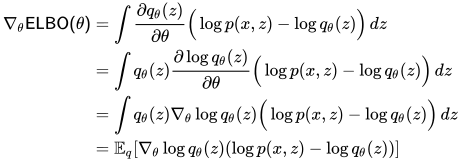\begin{align} \nabla_\theta \mathsf{ELBO(\theta)} &= \int \frac{\partial q_\theta(z)}{\partial \theta} \Big( \log p(x,z) - \log q_\theta(z) \Big) \,dz  \\&= \int q_\theta(z) \frac{\partial \log q_\theta(z)}{\partial \theta} \Big( \log p(x,z) - \log q_\theta(z) \Big) \,dz  \\&= \int q_\theta(z) \nabla_\theta \log q_\theta(z) \Big( \log p(x,z) - \log q_\theta(z) \Big) \,dz \\&= \mathbb{E}_q [ \nabla_\theta \log q_\theta(z)  (\log p(x,z) - \log q_\theta(z)) ] \end{align}