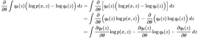 \begin{align} \frac{\partial}{\partial \theta} \int q_\theta(z) \Big (\log p(x,z) - \log q_\theta(z) \Big) \, dz &=  \int \frac{\partial}{\partial \theta} \Big[ q_\theta(z) \Big (\log p(x,z) - \log q_\theta(z) \Big) \Big] \, dz \\&= \int \frac{\partial}{\partial \theta} \Big( q_\theta(z) \log p(x,z) \Big) - \frac{\partial}{\partial \theta} \Big( q_\theta(z) \log q_\theta(z) \Big) \, dz \\&= \int \frac{\partial q_\theta(z)}{\partial \theta} \log p(x,z) - \frac{\partial q_\theta(z)}{\partial \theta} \log q_\theta(z) - \frac{\partial q_\theta(z)}{\partial \theta} \, dz \end{align}
