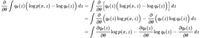 \begin{align} \frac{\partial}{\partial \theta} \int q_\theta(z) \Big (\log p(x,z) - \log q_\theta(z) \Big) \, dz &=  \int \frac{\partial}{\partial \theta} \Big[ q_\theta(z) \Big (\log p(x,z) - \log q_\theta(z) \Big) \Big] \, dz \\&= \int \frac{\partial}{\partial \theta} \Big( q_\theta(z) \log p(x,z) \Big) - \frac{\partial}{\partial \theta} \Big( q_\theta(z) \log q_\theta(z) \Big) \, dz \\&= \int \frac{\partial q_\theta(z)}{\partial \theta} \log p(x,z) - \frac{\partial q_\theta(z)}{\partial \theta} \log q_\theta(z) - \frac{\partial q_\theta(z)}{\partial \theta} \, dz \end{align}
