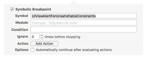 A Symbolic breakpoint option screenshot