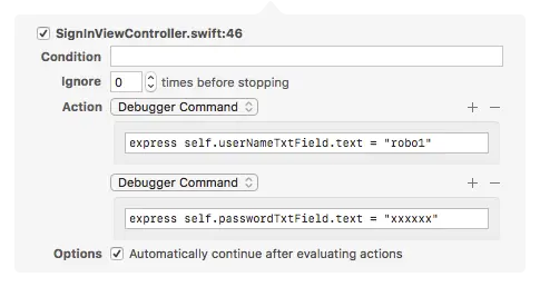 A Custom breakpoint executing express commands.