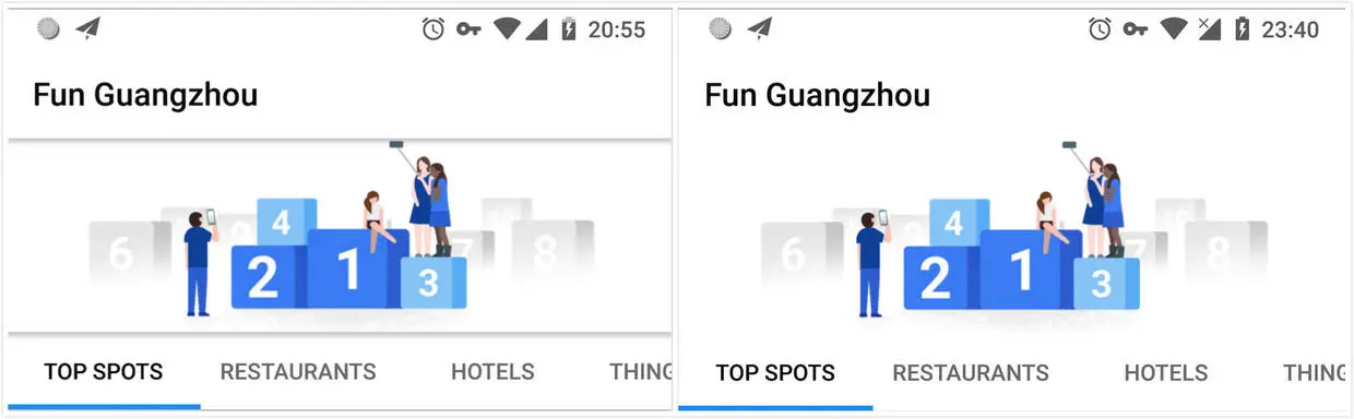 左边是没有取消阴影的界面，可以看到应用栏和 AppBarLayout 的两处阴影