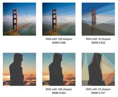 Two images reproduced using 100 and 10 triangles. More shapes makes the image more similar to the original one.