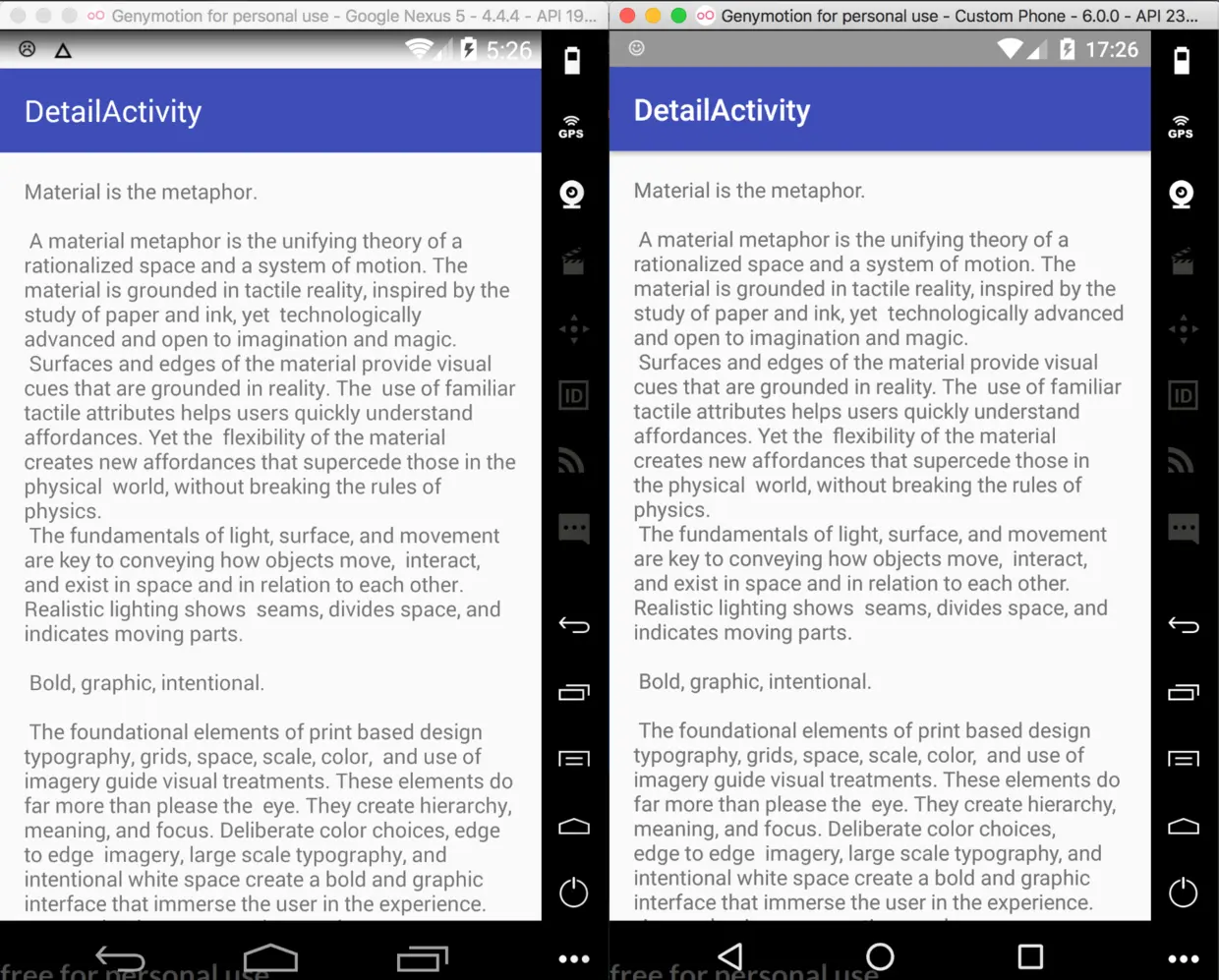 fitsSystemWindows 属性加到根节点 ConstraintLayout，左边是Android 4.4.4，右边是 6.0