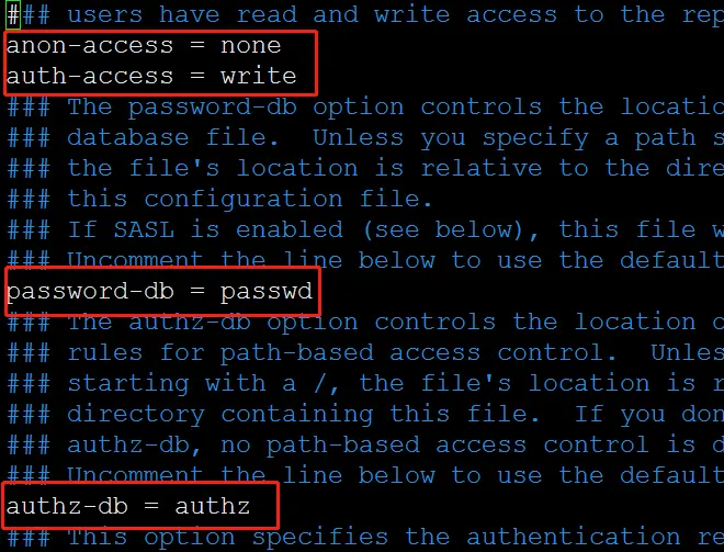 编辑仓库的svnserver.conf文件