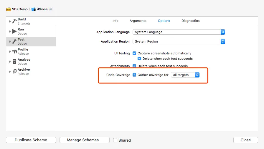 勾选 code coverage