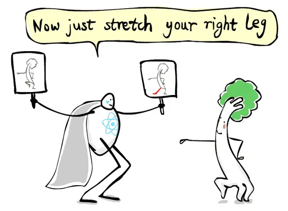 React holds two sketch trees in each hand, similar poses, and tells Domo to only lift up his leg (or whatever minor adjustment)