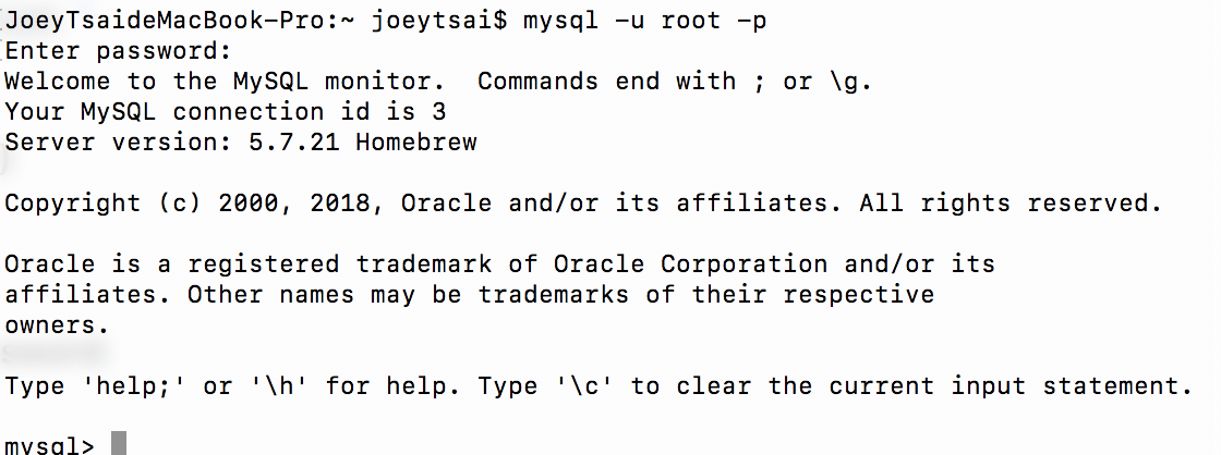 mysql -u root -p