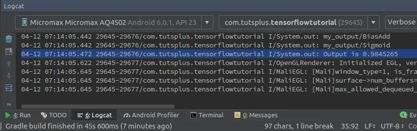 Logcat window displaying the prediction