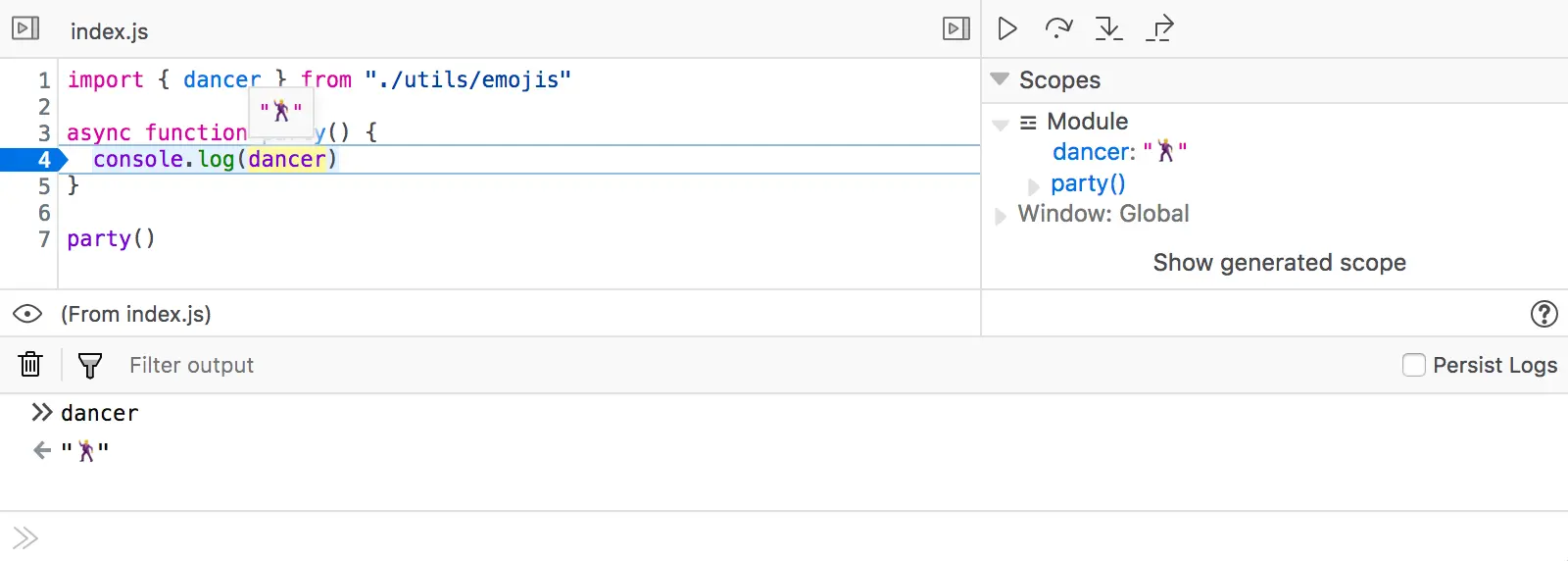 Now the panel displays the correct value of dancer, and the Scopes pane shows one scope