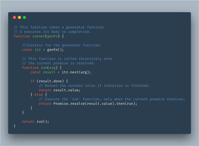 A function that executes a generator function. (Only for explanation, do not use it !)