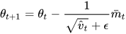 \theta_{t+1} = \theta_t - \frac{1}{\sqrt{\hat{v}_t} + \epsilon } \bar{m}_t