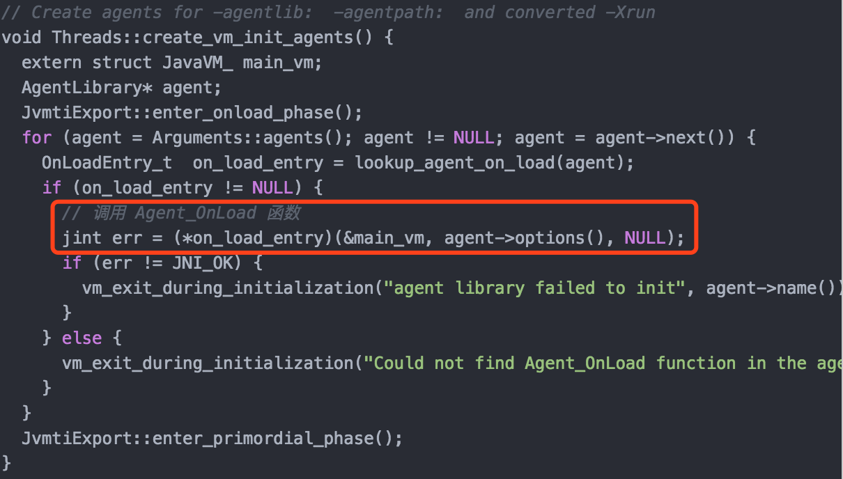 加载Agent链接库，触发调用Agent_OnLoad方法