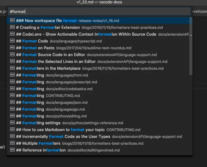Markdown workspace symbol in the VS Code docs repo