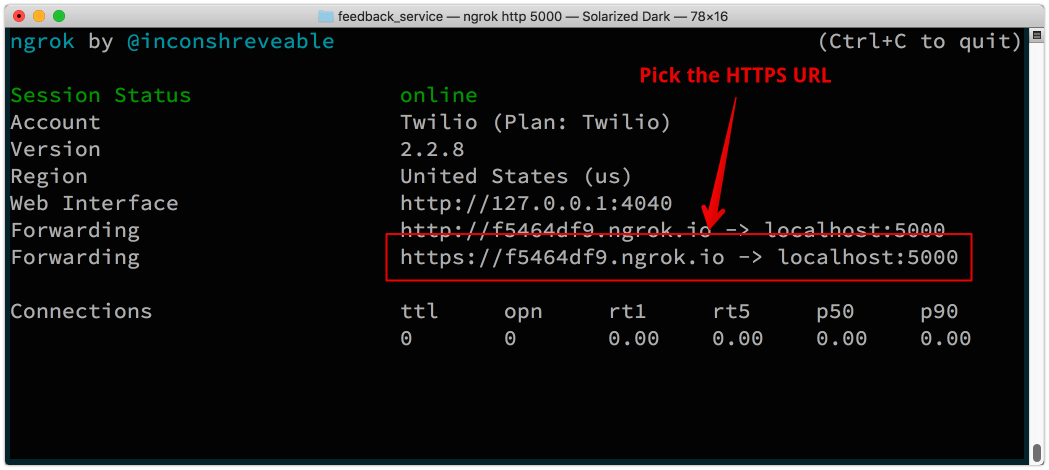 ngrok 窗口显示了两个你可以用的 URL，选 HTTPS 版本的。