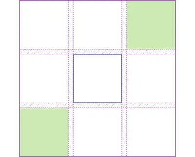 A single item in the center cell of a grid, with two green items in the corners