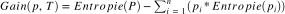 $Gain(p, T)  = Entropie(P) - \sum_{i=1}^{n}(p_i * Entropie(p_i))$