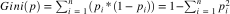 $Gini(p)=\sum_{i=1}^{n}(p_i * (1 - p_i)) = 1 - \sum_{i=1}^{n}p_i^2$