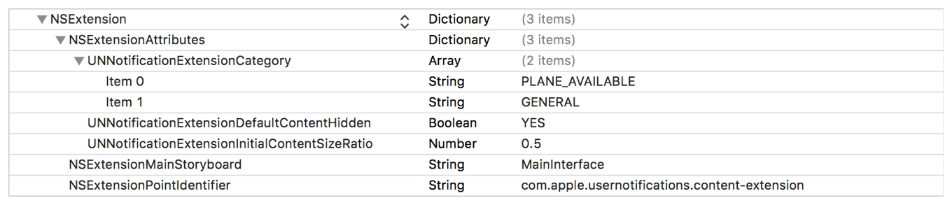 A screenshot of the plist editor, showing the UNNotificaitonExtensionCategory for two notification types.