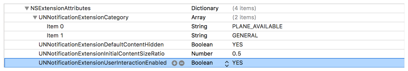 A screenshot of the plist editor, showing the UNNotificationExtensionUserInteractionEnabled key added to the NSExtensionAttributes dictionary.