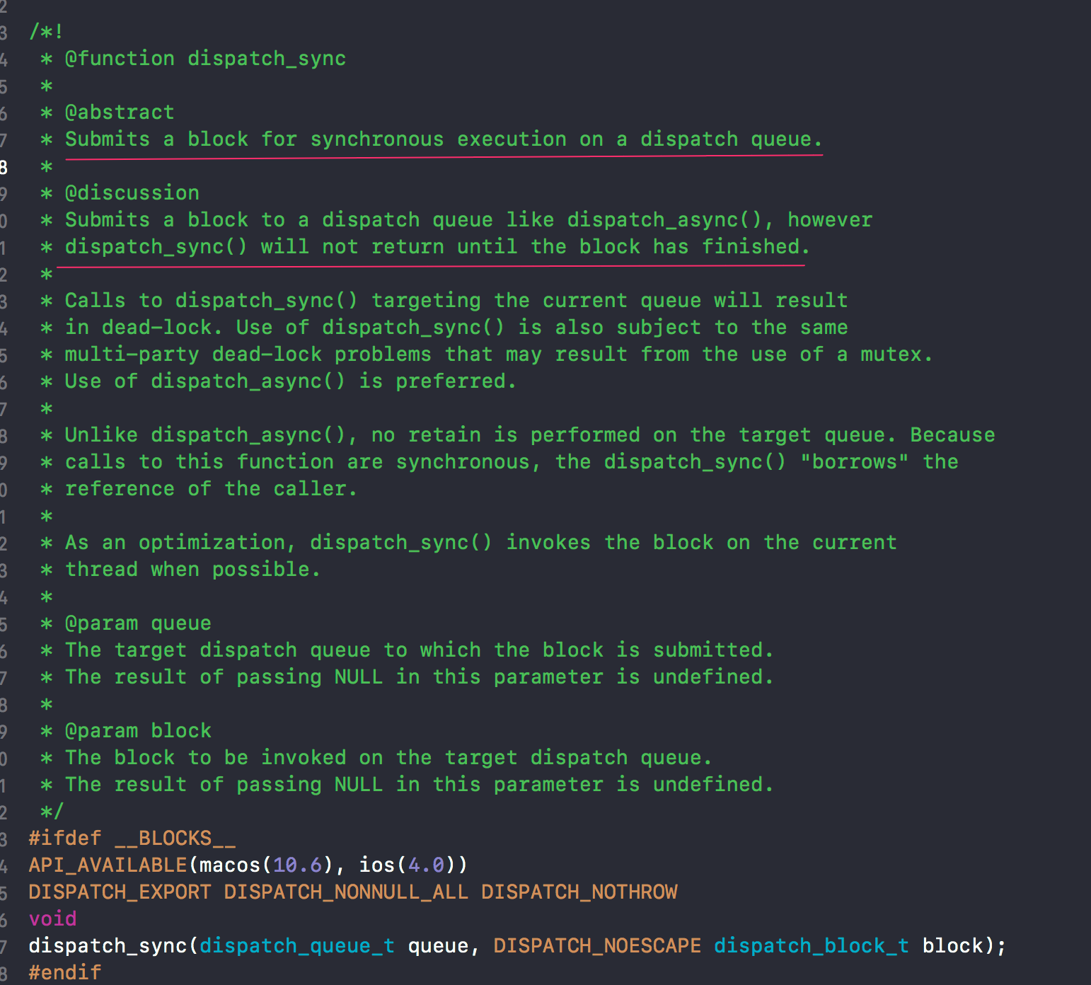 官方对于dispatch_sync的注释