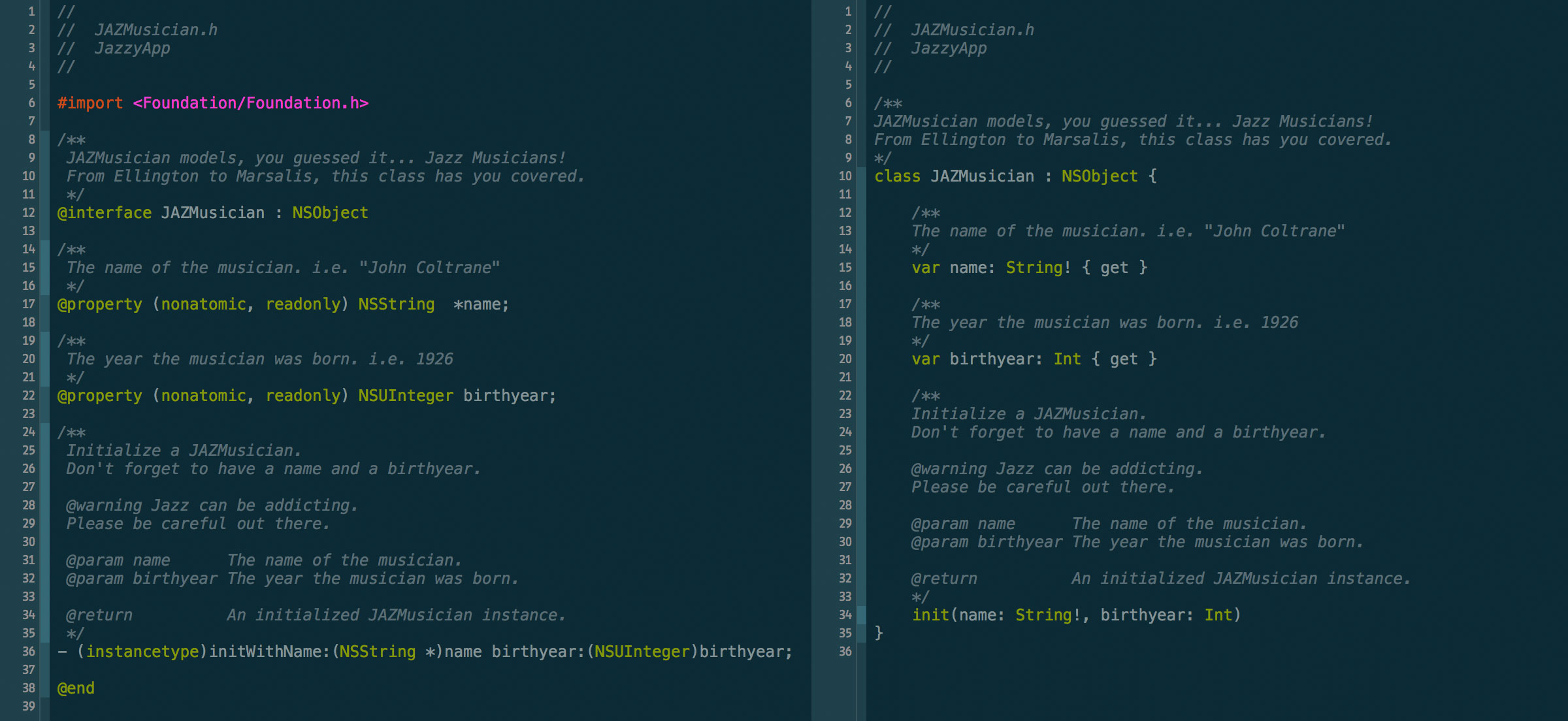 左：原始 Obj-C 头文件，右：SourceKit 生成的类 Swift 版本