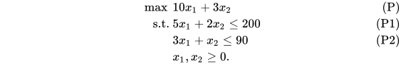 \begin{align*} \max~ & 10x_1+3x_2\tag{P}\\ \text{s.t. } & 5x_1+2x_2\leq 200 \tag{P1}\\ & 3x_1+x_2\leq 90 \tag{P2} \\ & x_1,x_2\geq 0. \end{align*}