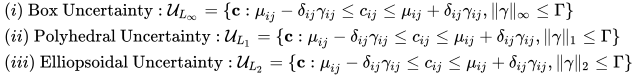 \begin{align*} & (i)~\text{Box Uncertainty}: \mathcal{U}_{L_\infty} = \{\textbf{c}:μ_{ij}-\delta_{ij}\gamma_{ij}\leq c_{ij}\leq \mu_{ij}+\delta_{ij}\gamma_{ij}, \|\gamma\|_{\infty}\leq \Gamma \}\\ & (ii)~\text{Polyhedral Uncertainty}: \mathcal{U}_{L_1} = \{\textbf{c}:μ_{ij}-\delta_{ij}\gamma_{ij}\leq c_{ij}\leq \mu_{ij}+\delta_{ij}\gamma_{ij}, \|\gamma\|_1\leq \Gamma \}\\ & (iii)~\text{Elliopsoidal Uncertainty}: \mathcal{U}_{L_2} = \{\textbf{c}:μ_{ij}-\delta_{ij}\gamma_{ij}\leq c_{ij}\leq \mu_{ij}+\delta_{ij}\gamma_{ij}, \|\gamma\|_2\leq \Gamma \}\\ \end{align*}