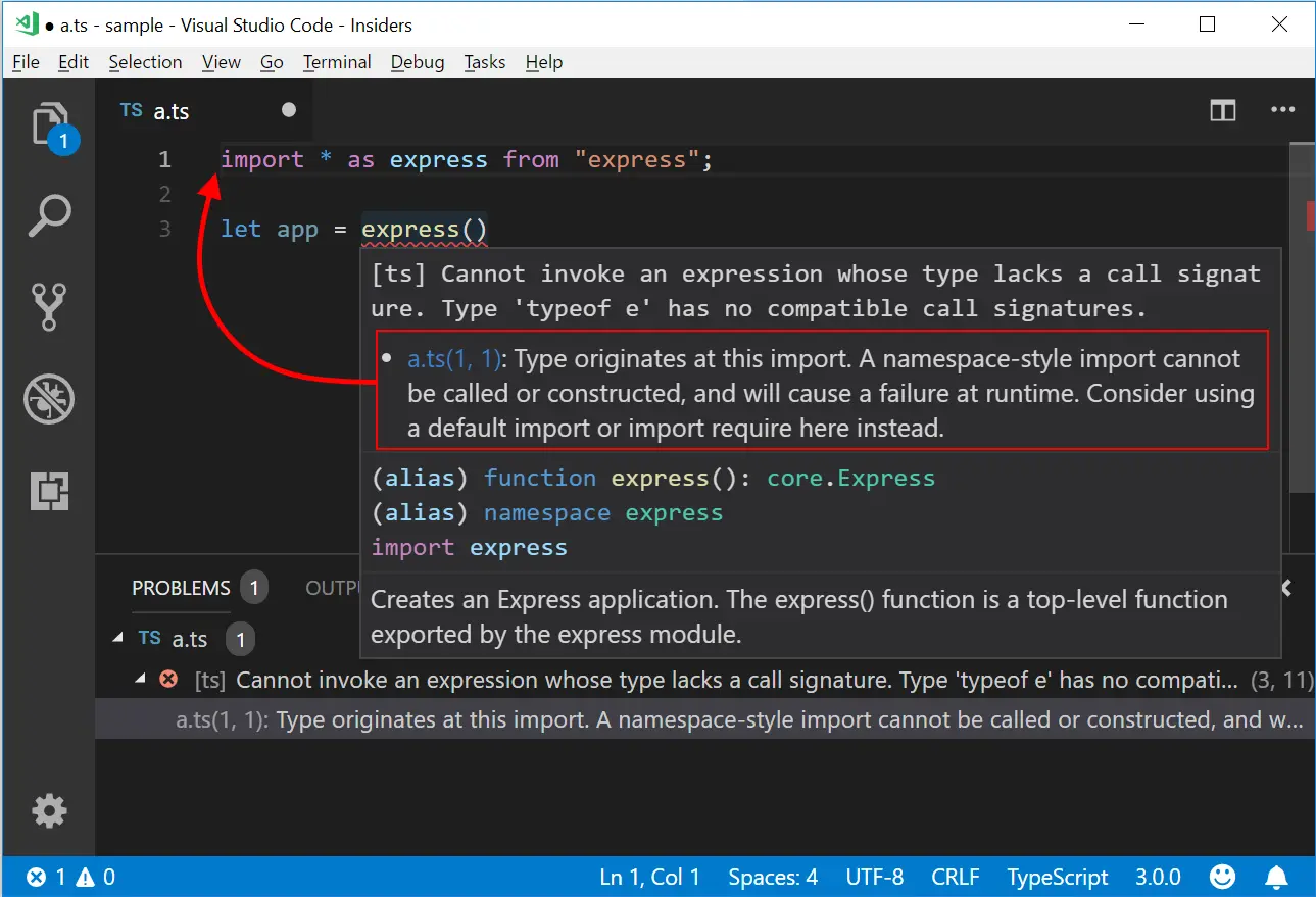 Using import * as express syntax can cause an error when calling express(). Here, the provided error tells the user not just that the call is invalid, but that it has occurred because of the way the user imported express.