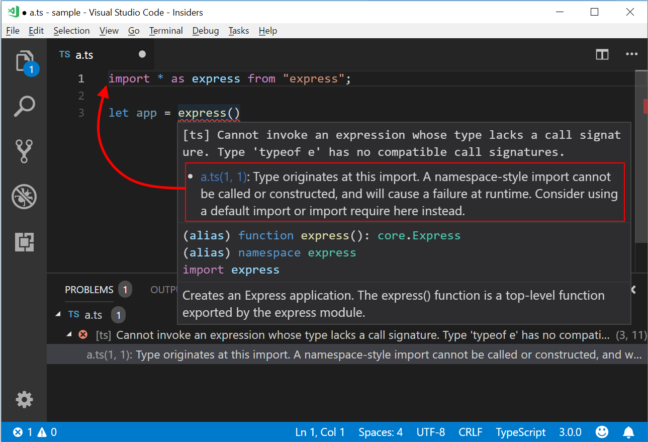 Using import * as express syntax can cause an error when calling express(). Here, the provided error tells the user not just that the call is invalid, but that it has occurred because of the way the user imported express.