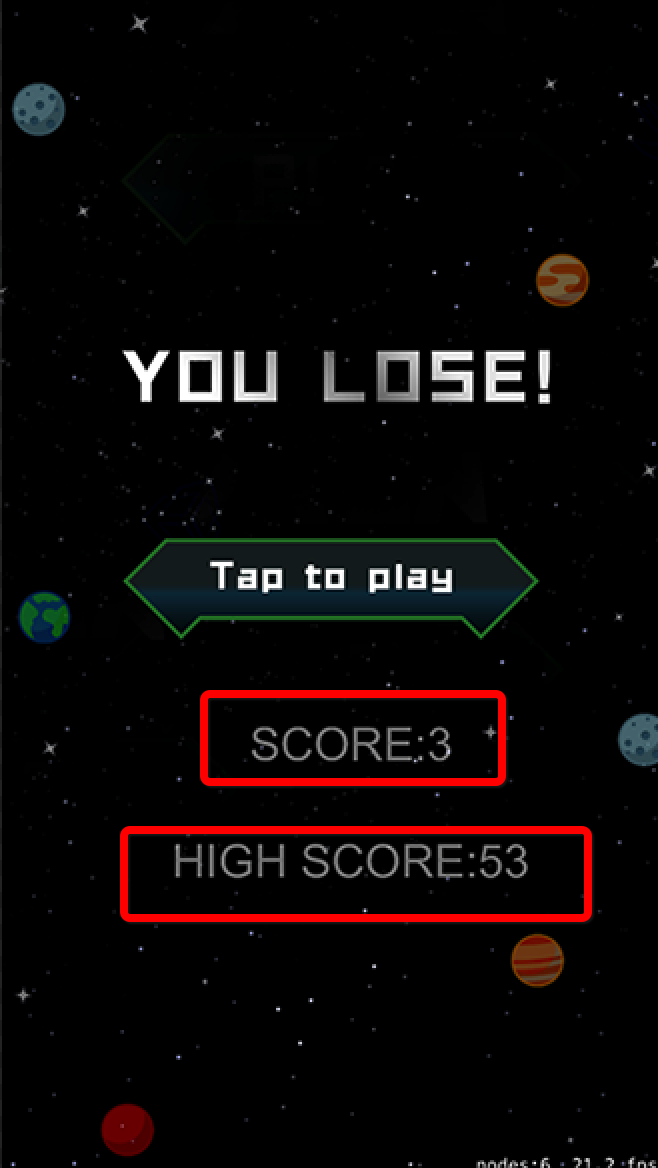 取出沙盒中的分数，并分别把当前分数、最高分数显示在LoseScene场景当中