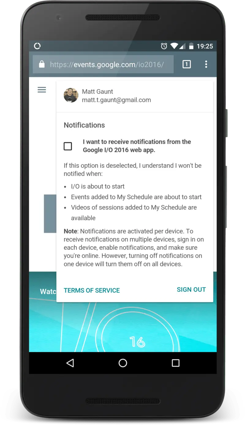 Google IO 网页上的推送消息设置面板