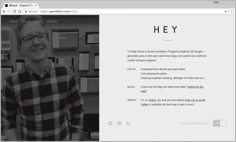 例子：Gauntface.com 页脚上的推送开关