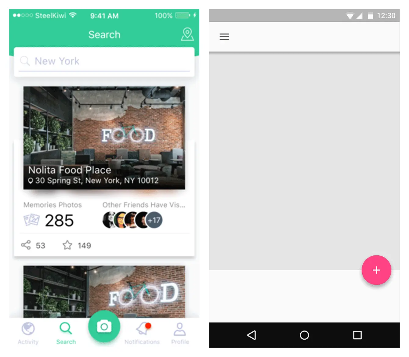 左侧 - iOS中的标准CTA按钮; 右 - Android中的标准浮动操作按钮
