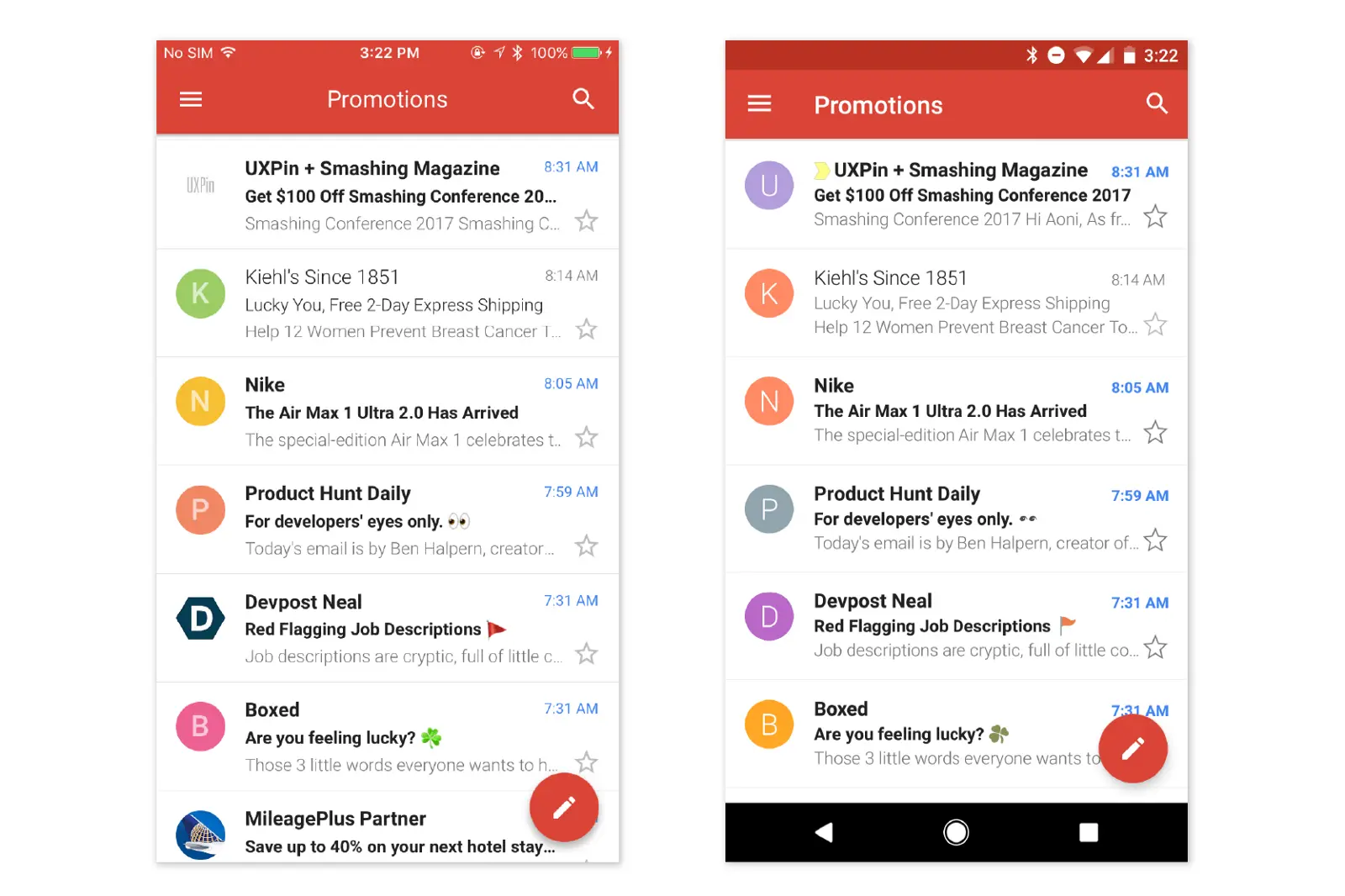 左 — Gmail on iOS; 右 — Gmail on Android