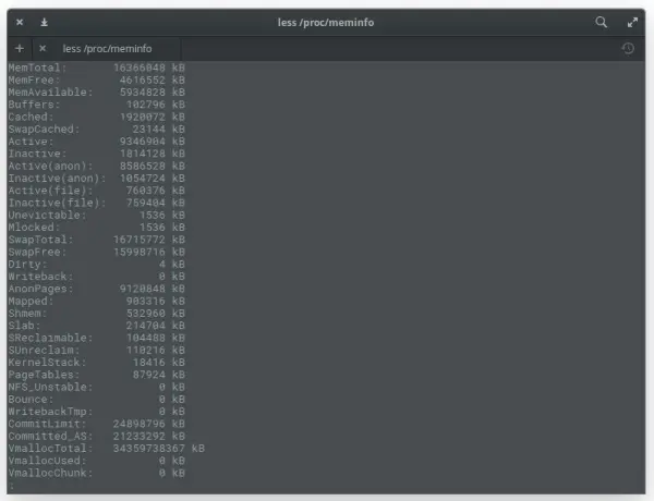 图 8：less /proc/meminfo 命令的输出。