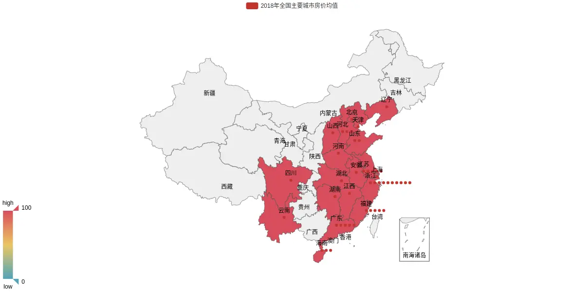 全国部分城市2018年平均房价热力图
