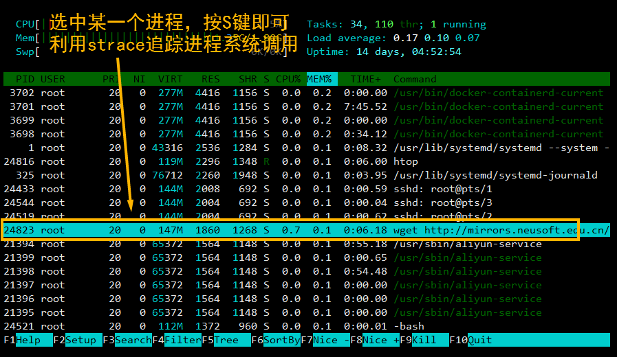 htop 进程跟踪功能