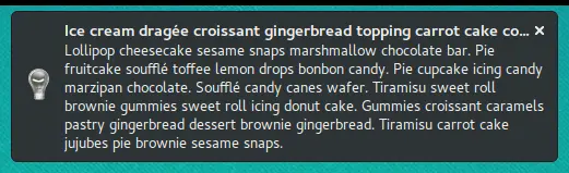 Notification with long title and body text on Firefox on Linux while hovering over the notification with the mouse cursor.