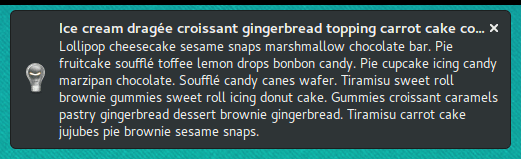 Notification with long title and body text on Firefox on Linux while hovering over the notification with the mouse cursor.