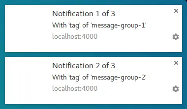 Two notifications where the second tag is message group 2.