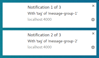 Two notifications where the second tag is message group 2.