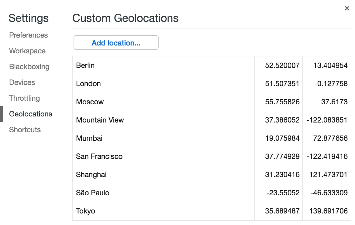 The Geolocations tab in Settings