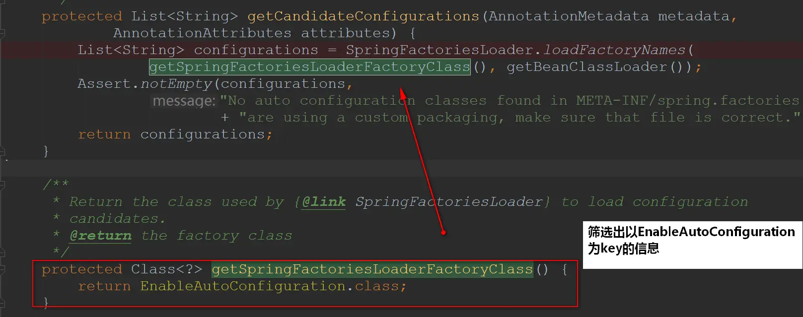 从Properties对象获取到EnableAutoConfiguration.class对应的值，然后添加到容器里边