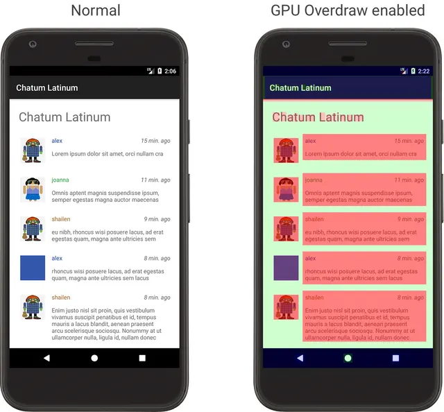 某个应用正常时的样子（左侧），以及它在 GPU 过度绘制后的样子（右侧）