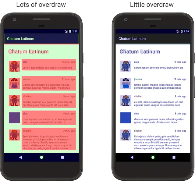 大量过度绘制的应用（左侧）以及很少过度绘制的应用（右侧）的示例