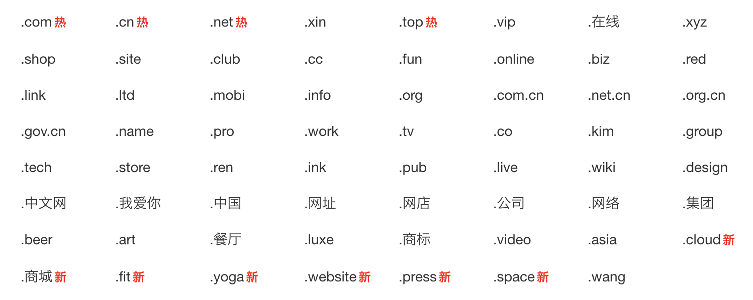 顶级域名一览