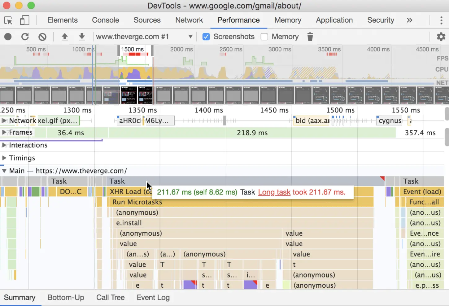 将鼠标悬停在Performance录音中的长期任务上