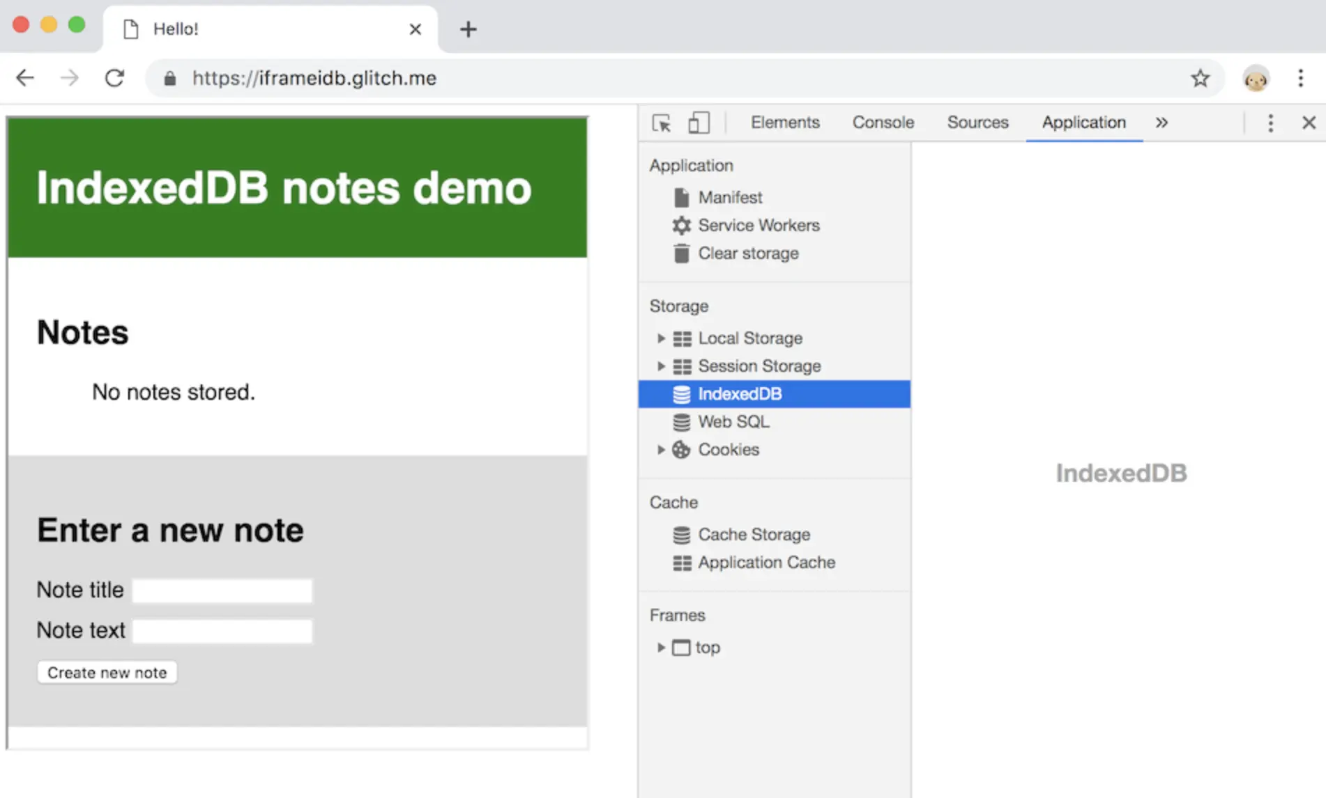 旧的行为。 该页面正在嵌入一个使用IndexedDB的演示，但是看不到任何数据库。